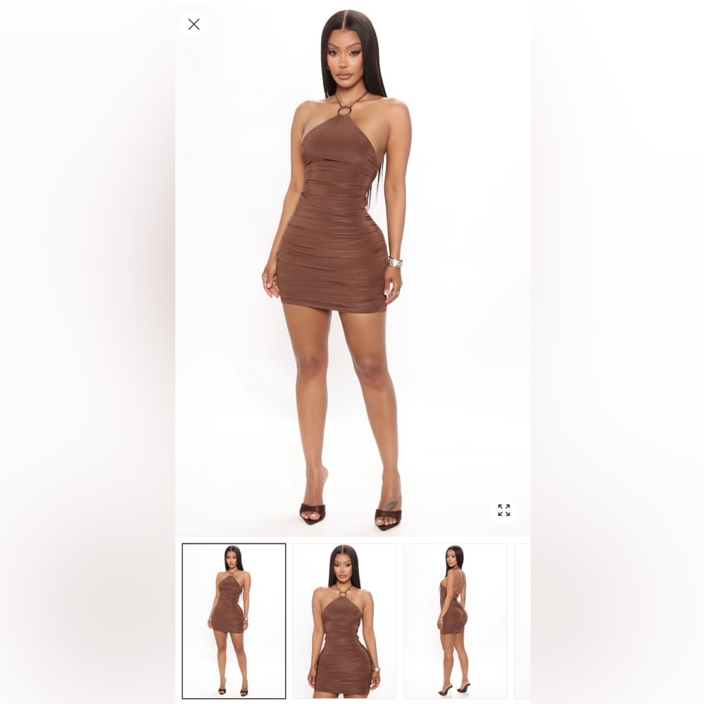SOLD-Ruched Halter Mini Dress in Brown